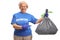 Cheerful senior female volunteer pointing at a waste bag