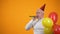 Cheerful senior man with colorful balloons using party blower, event agency