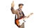 Cheerful senior man with an electric guitar showing thumbs up