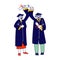 Cheerful Senior Man and Woman Dressed in Mantle and Academical Cap Holding Diploma Scrolls Celebrating Graduation