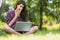 Cheerful shot of young Caucasian female surprised freelancer dressed casual, sitting on grass in front of notebook with hand on