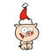 cheerful sitting pig comic book style illustration of a wearing santa hat