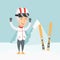 Cheerful skier standing with raised hands.