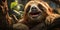 Cheerful Sloth Hanging on a Tree in a Lush Green Jungle Environment