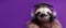 Cheerful sloth listening to music with headphones on a purple background