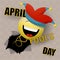 A cheerful smiley with a spring in a jester`s cap suddenly jumps out of a wall, tearing through a hole.