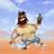 Cheerful smiling cartoon shaggy bearded man with bottle in desert