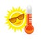 Cheerful, smiling cartoon sun in sunglasses next to the temperature thermometer