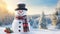 A cheerful snowman adorned with a top hat and scarf in a snowy