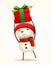 Cheerful snowman with gift present. Isolated