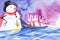 A cheerful snowman in a red scarf and black hat looks at five rabbits in a boat in the Christmas forest . New year holiday