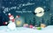 Cheerful snowman and Santa Claus on sleigh with reindeer on background of full moon. Horizontal banner