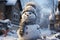 Cheerful snowman in wintry scene with snowy urban backdrop, radiating festive spirit.