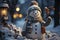 Cheerful snowman in wintry scene with snowy urban backdrop, radiating festive spirit.