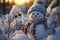 Cheerful snowman in wintry scene with snowy urban backdrop, radiating festive spirit.