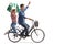 Cheerful soccer fans with a scarf and a football riding a bicycle and gesturing happiness