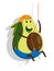 Cheerful sportsman avocado fruit climbs rope in climber equipment. Delicious and wholesome foods, vegetables and fruits. Healthy