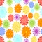 Cheerful spring background with abstract flower motif. Green, yellow, blue, red and orange blossom on white background.