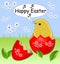 Cheerful spring easter theme with cute yellow chicken sitting in painted shell egg in grass with white flowers