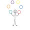 a cheerful stick man juggles multicolored rings