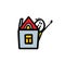 Cheerful stickman hid behind the house, looks out and waves his hand. Vector illustration of a homeowner.