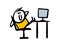 A cheerful stickman is sitting with his feet on the table and idling watching a movie on the computer on the Internet.