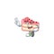 Cheerful strawberry slice cake mascot design with two fingers