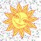 Cheerful sun for the design of summer holidays, picnics, children`s parties. Great weather. Hand-drawn sketch style on a