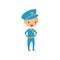 Cheerful teen boy dressed as policeman. Kid wants to be worker of police department in future. Profession of dream