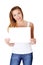 Cheerful teen girl holding blank white paper