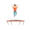 Cheerful teenage boy jumping on trampoline with hands up. Active leisure. Cartoon character. Flat vector design