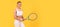cheerful tennis player in sportswear with racket on yellow background, athlete. Woman isolated face portrait, banner