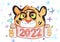 Cheerful tiger holds in its paws a scroll with the inscription 2022. Child`s drawing