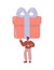 Cheerful tiny vector man carrying huge present box overhead. Male character holding big birthday gift in festive