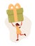 Cheerful tiny vector woman carrying huge present box overhead. Female character holding big birthday gift in festive