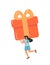 Cheerful tiny vector woman carrying huge present box overhead. Female character holding big birthday gift in festive