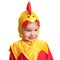 Cheerful toddler in a carnival suit of a chick