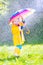 Cheerful toddler with umbrella playing in the rain