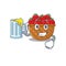 Cheerful tomato basket mascot design with a glass of beer