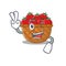 Cheerful tomato basket mascot design with two fingers