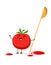 Cheerful tomato with a spoon in hand and drops of tomato juice. Vector illustration in kawaii style on white background.
