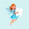 Cheerful tooth fairy girl flying, holding tooth