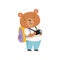 Cheerful tourist bear taking pictures with camera, cute animal cartoon character travelling on summer vacation vector