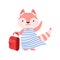 Cheerful tourist cat with suitcase, cute animal cartoon character travelling on summer vacation vector Illustration on a