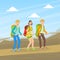Cheerful Tourists Climbing on Nature, People in Outdoor Mountain Landscape, Summer Holidays Adventure Vector