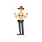 Cheerful town male sheriff police officer character in official uniform holding cup of coffee and donut vector