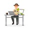 Cheerful town male sheriff police officer character in official uniform working with laptop in his office vector