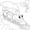 Cheerful train with a face rides on the rails in the field. Childrens coloring, black lines, white background.