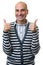 Cheerful trendy bald guy gesture his thumbs up