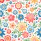 Cheerful variegated floral pattern with embroidered abstract flowers and leaves on a white background. Retro style.